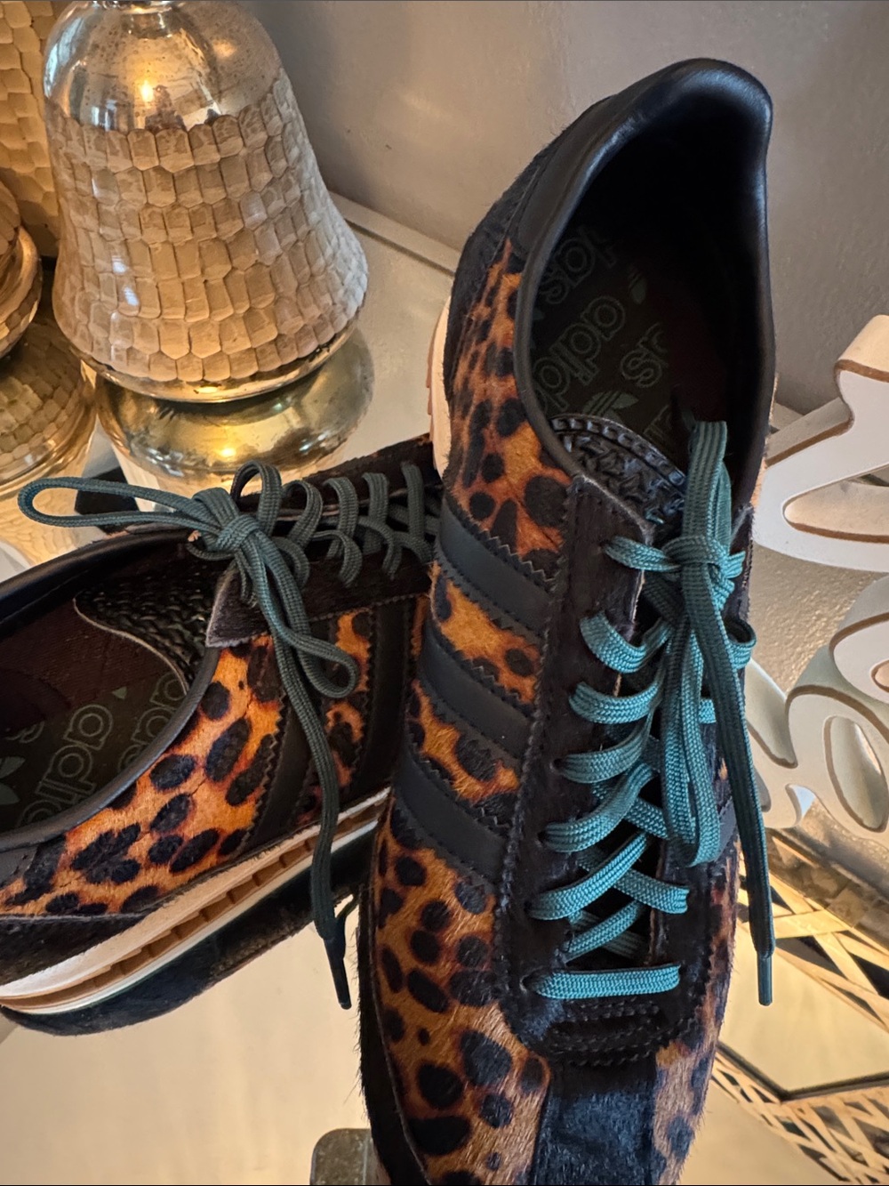 Adidas Leopard Calf Hair Sneakers with Black Stripes and Green Laces - Picture 8 of 8